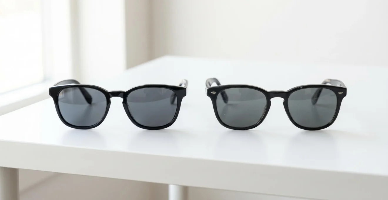 Deux paires de lunettes de soleil identiques côte à côte, l'une neuve avec verres parfaits, l'autre présentant des signes d'usure visibles comme des rayures et une déformation légère