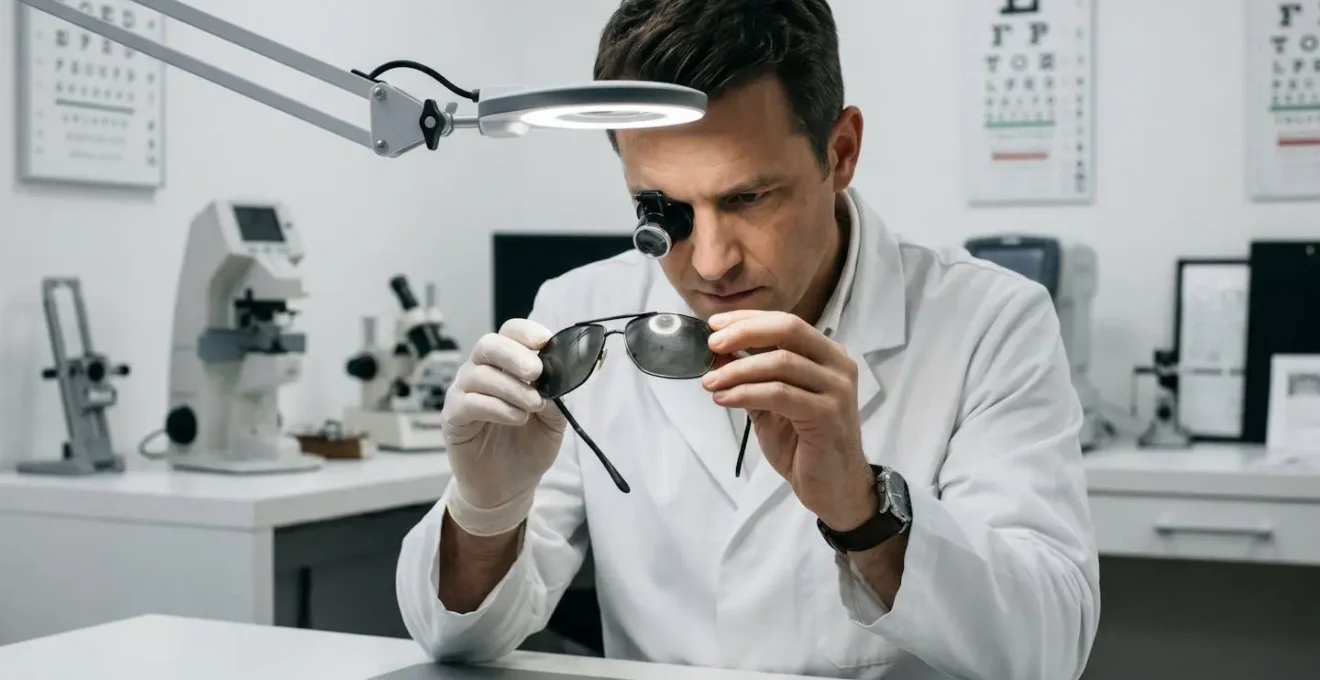 Un opticien professionnel examine des lunettes de soleil sous éclairage dirigé dans un laboratoire d'optique moderne, utilisant une loupe de précision pour inspecter la qualité des verres