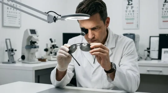 Un opticien professionnel examine des lunettes de soleil sous éclairage dirigé dans un laboratoire d'optique moderne, utilisant une loupe de précision pour inspecter la qualité des verres