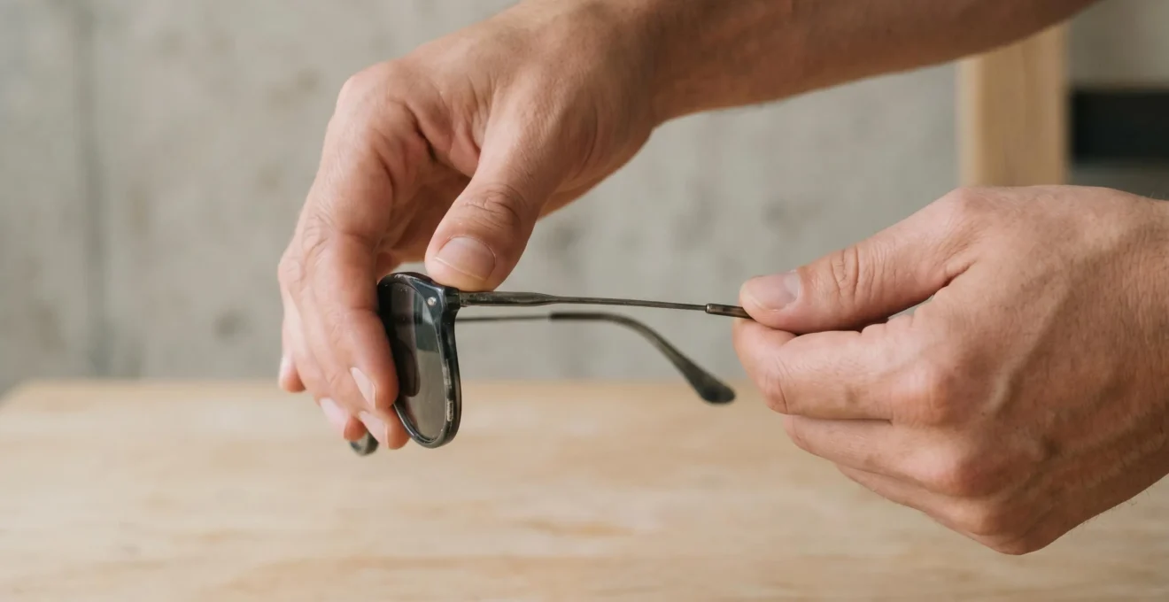 Mains effectuant un test de flexibilité sur les branches d'une paire de lunettes de soleil, mouvement de pliage contrôlé pour évaluer la résistance de la monture